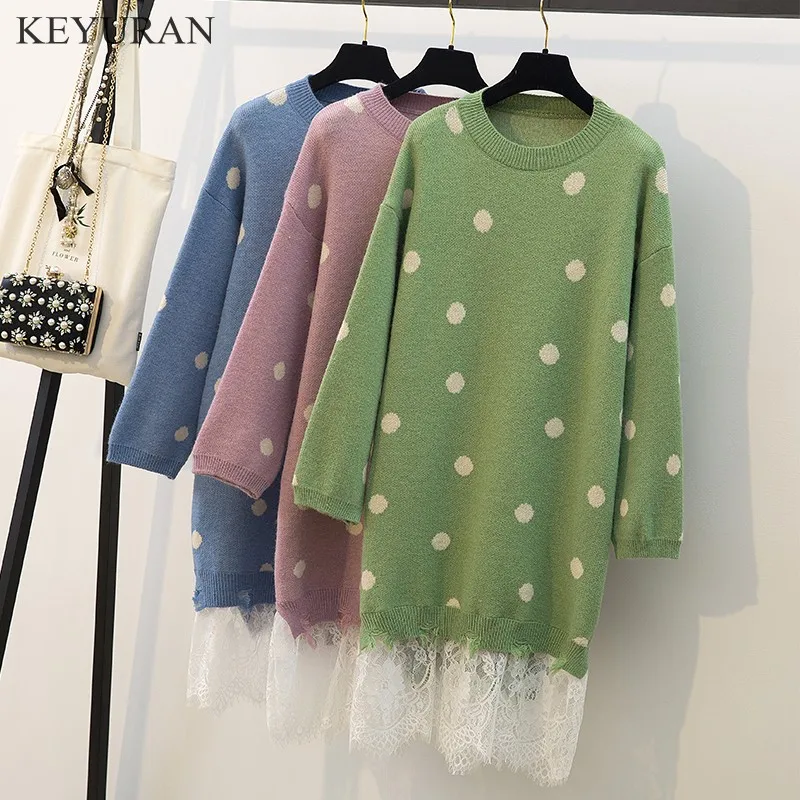 

2019 Woman Lace Patchwork Kint Dresses Casual Stitching Bot Print Long Sweater Dress Fashion College Wind Tide Solid Vestido 4XL