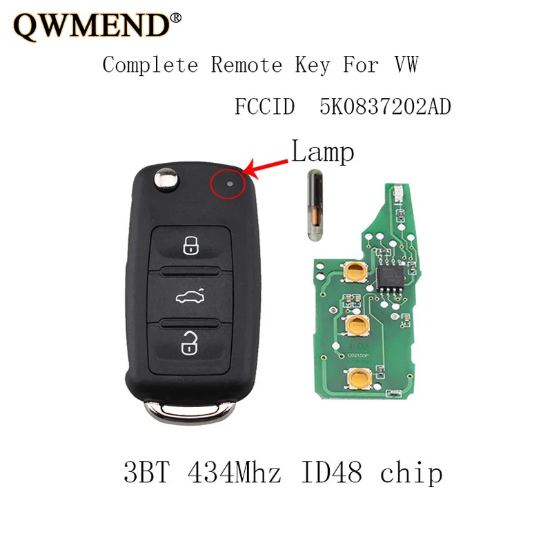 QWMEND 3 кнопки 434 МГц полный дистанционный ключ для VW Passat New Beetle Bora Polo Golf 2002 2011 5K0837202AD