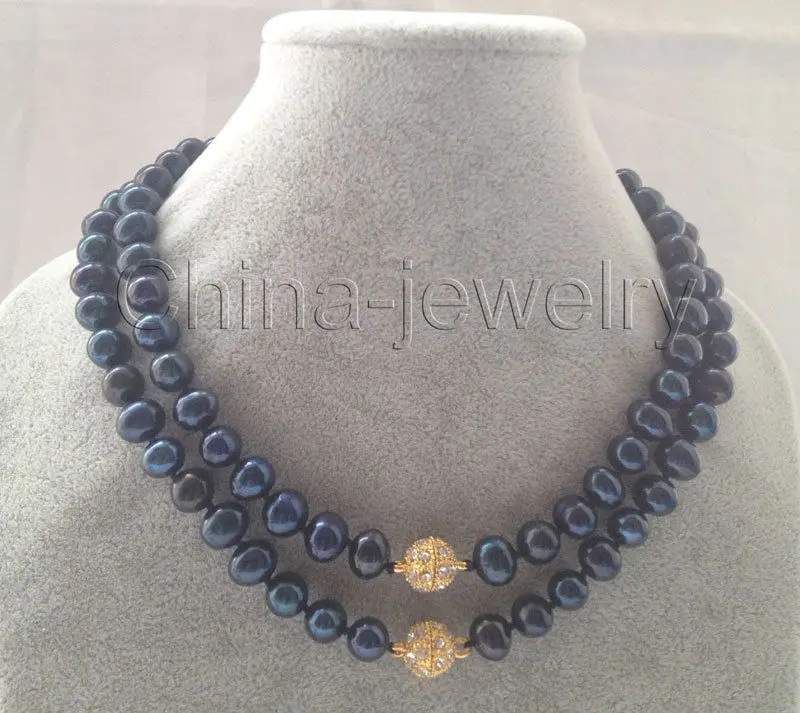 

fast Beautiful longer 32" 10mm black round freshwater pearl necklace - magnet zircon AAA