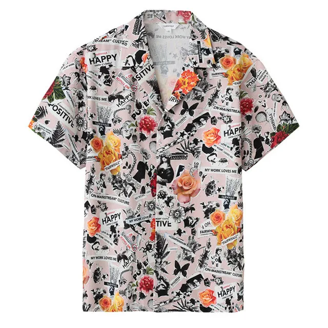 Mark Fairwhale 2019 spring summer men casual hoilday turndown collar print single-breasted linen short sleeve shirt 718203026004 | Мужская