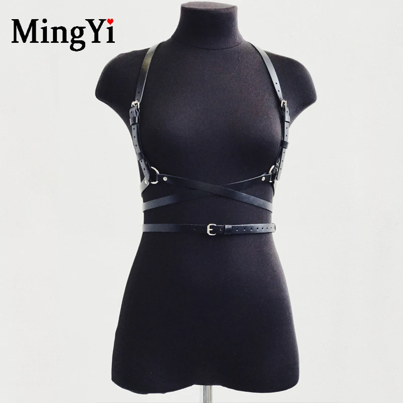 Leather Full Body Harness Lingerie Bra Leg Rings Belt 2 Piece Set Punk Gothic Sexy Thigh Harness Garter Belt Bdsm Chest Harness