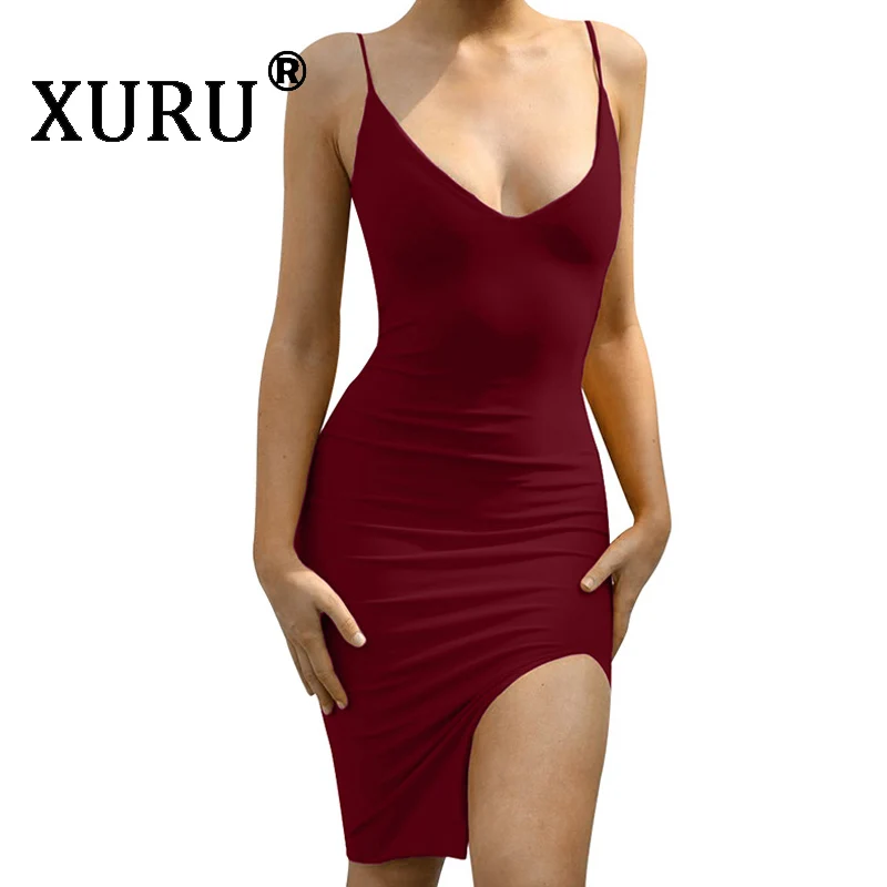 

XURU Summer New Products Women's Solid Color Split Dress Sexy V-neck Halter Halter Dress White Wine Red Black Navy Blue Dress