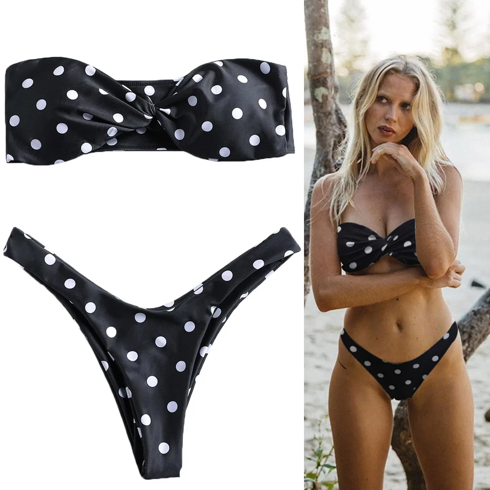 

Ladies Split Swimwear Set White Spot Printed Bikini Briefs Swimsuits for Beach BHD2