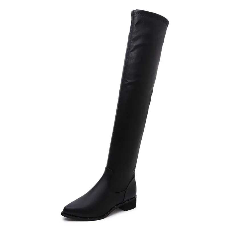 Women's Stretch Winter Warm Riding Boots Pointed Toe Pu Leather Sexy Party Long Over The Knee Motorcycle High Heels Shoes | Обувь