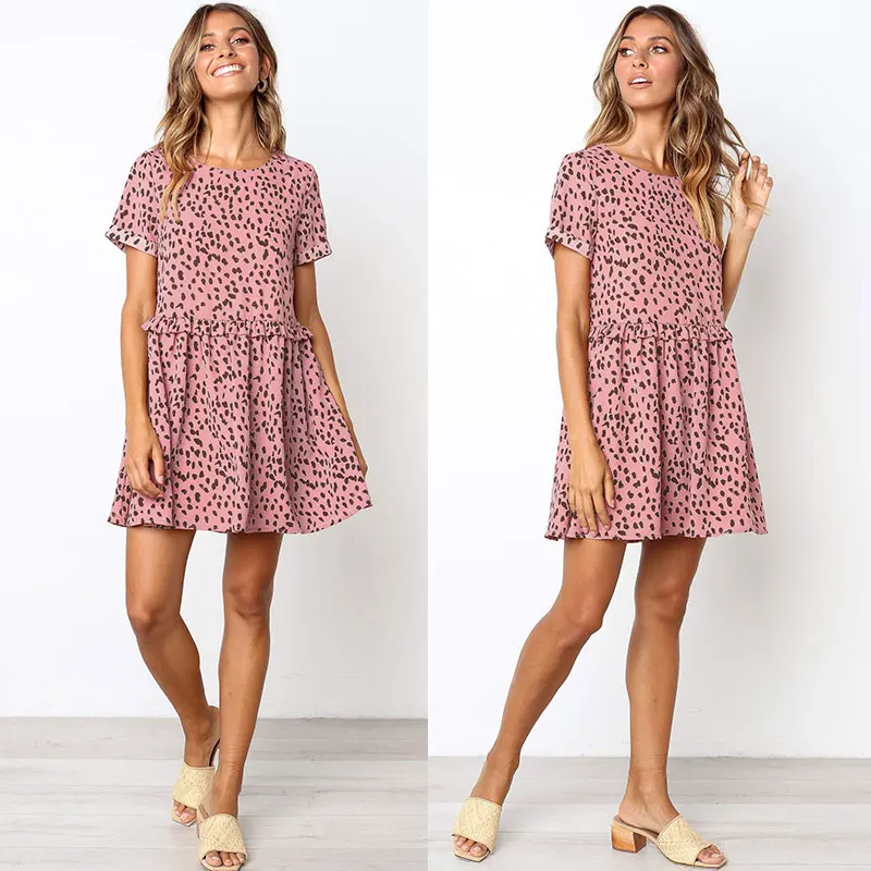 

2019 Summer New Dress Short-sleeved Random Printed Wooden Ear Casual Dress Home Clothes Comfortable Dress