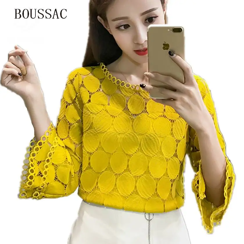 

Plus Size Hollow Out Lace Blouses Shirts New Autumn Korean Women Clothing Flare Sleeves O-Neck Slim Female Apricot White Tops