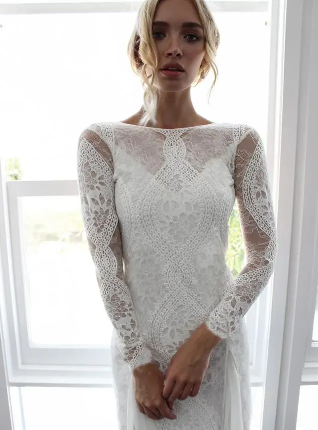 Vestidos de novia corte sirena новые кружевные Длинные рукава цвета слоновой кости пляжные свадебные платья в стиле бохо свадебные платья в стиле кантри trouwju - Цвет: Слоновая кость