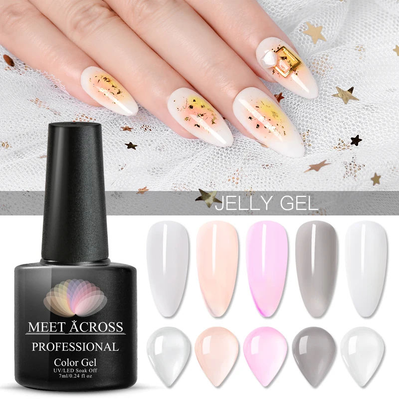 

MEET ACROSS 7ml Jelly Nail Gel Polish Semi-transparent White Pink Varnish Soak Off Manicure Nail Art UV Gel Lacquer