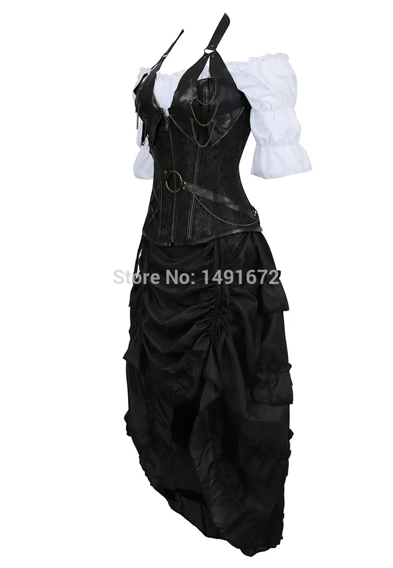 Corset Skirt 3 Piece Leather Dress Bustiers Corset Steampunk Pirate Burlesque 