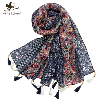 

Marte&Joven Fashion Paisley Flower Printing Beaded Tassel Spring Long Scarf for Women Small Floral Pattern Cotton Blended Shawls