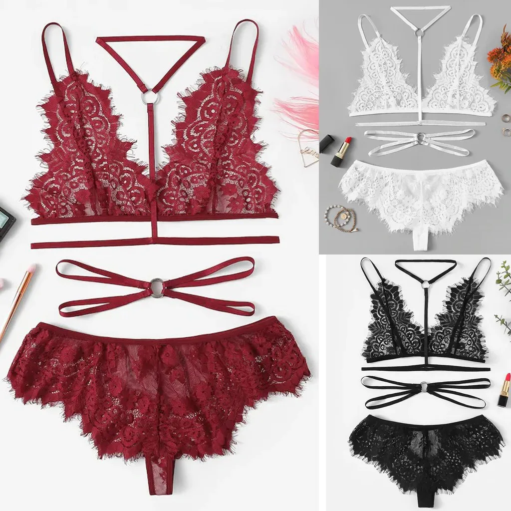 

sexy lingerie set bra women nightwear underwear Women Eyelash Lace Detail With Choker Bandage Bra Thong#P35