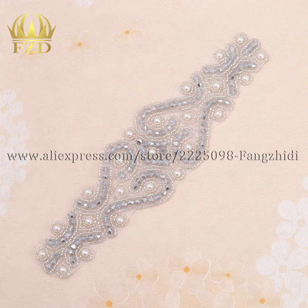 

FZD 1 Piece Silver Rhinestones Applique Crystal Hot Fix Pearl Design Clear Rhinestone Trim for Bridal Sash or DIY Wristbands