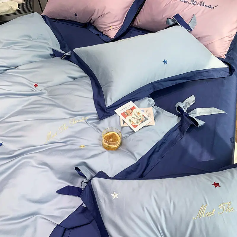 Синий желтый из египетского хлопка King size комплект двуспального постельного белья Звезда вышивка пододеяльник простыня с покрывалом на