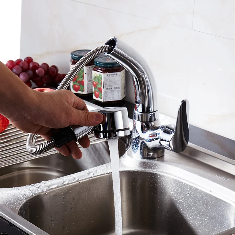  Fapully cupc mixer tap flexible pull down brass kitchen sink faucet, Chrome