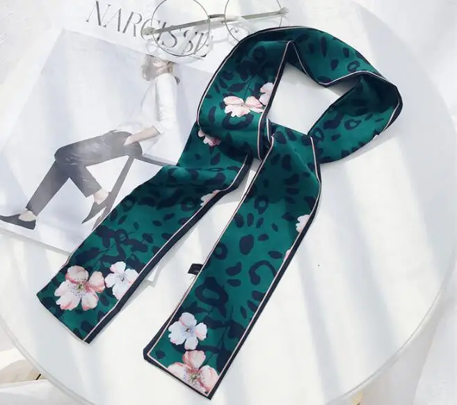 Двусторонний Леопардовый многоцелевой маленький шарф шелковый шарф длинный шелковый шарф женский элегантный модный ободок для волос - Цвет: Зеленый