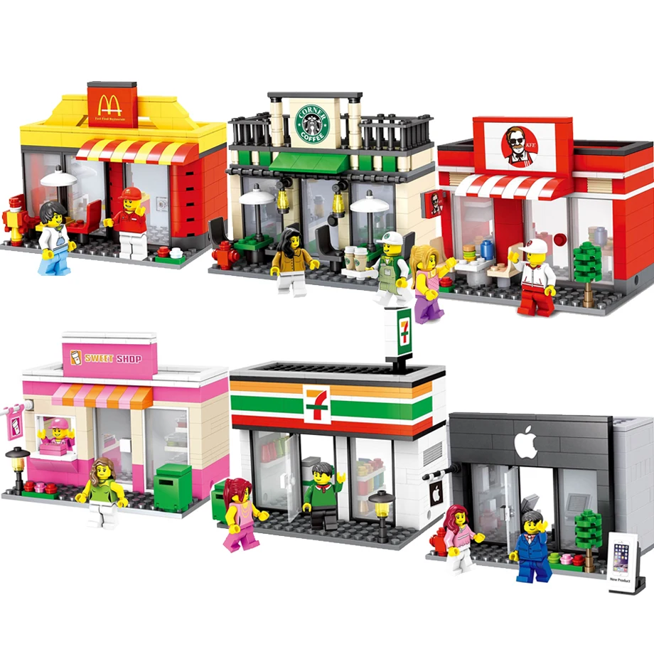 Mini City Street Scene Coffee Shop Retail Convenience Store Architecture Building Blocks Sets Model Toys For Children
