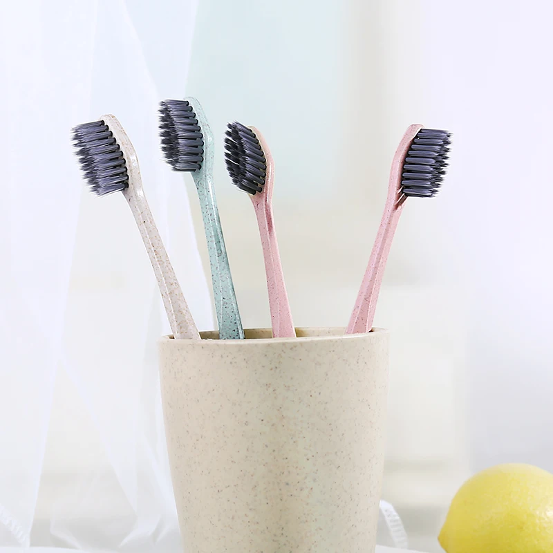 KINEPIN 3pcs Eco Friendly Wheat Straw Toothbrush Tooth Cleaning Soft Slim Tip Binchotan Charcoal Bristle Brush Adult Teeth Brush