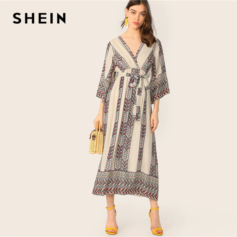 

SHEIN Bell Sleeve Wrap Ditsy Floral Belted Dress 2019 Spring Autumn Tribal High Waist V neck Dress Women Boho Dresses