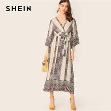 Шеин, рукав-колокол, платье с цветочным узором и поясом, весна-осень, этническое платье с высокой талией и v-образным вырезом, женские платья в стиле бохо