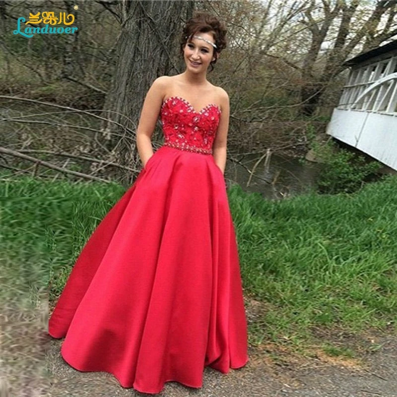 2019 Luxurious Beading Red Long Prom  Dress  with pockets  A 