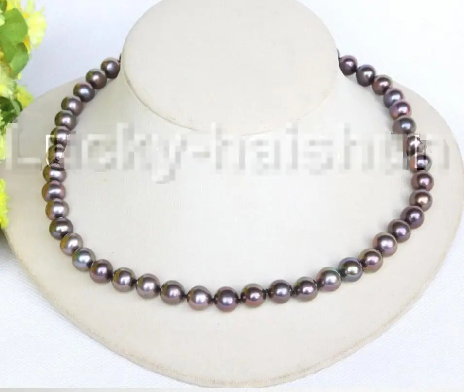 

Hot sale new Style >>>>>17" luster Natural 10mm black brown round pearls necklace 14K gold clasp j11157