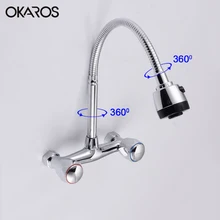 OKARO Swivel Wand Montiert Küchenarmatur Universal Flexible Drehung Doppelhalter Dual Loch Chrom Schiff Sinken Wasserhahn Mischer