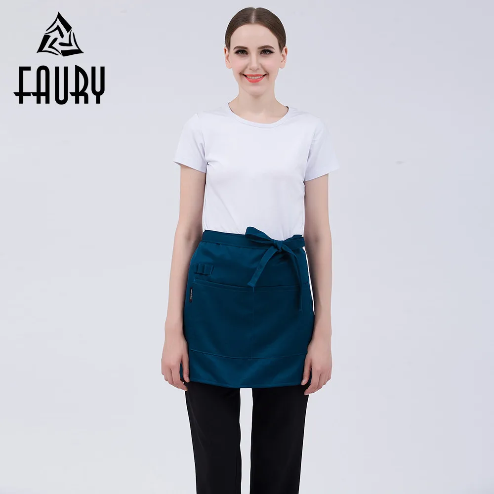 Women Pure Color Pockets Short Aprons with Pen Holder Restaurant Beauty