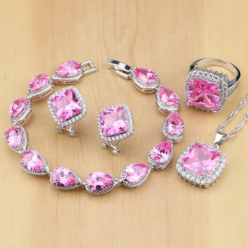 Buy Lovely Pink CZ 925 Sterling Silver Jewelry Sets