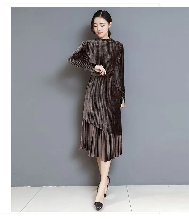 Fashion Autumn Winter Women Dress Elegant Sexy Pleate Female Dress Vintage Long Sleeve Velvet Two-piece suit Dresses vestidos