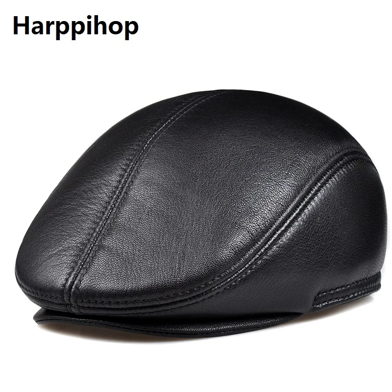 

2017 high quality real leather beret men gorras planas fashion bere flat golf hat boina winter cap black color