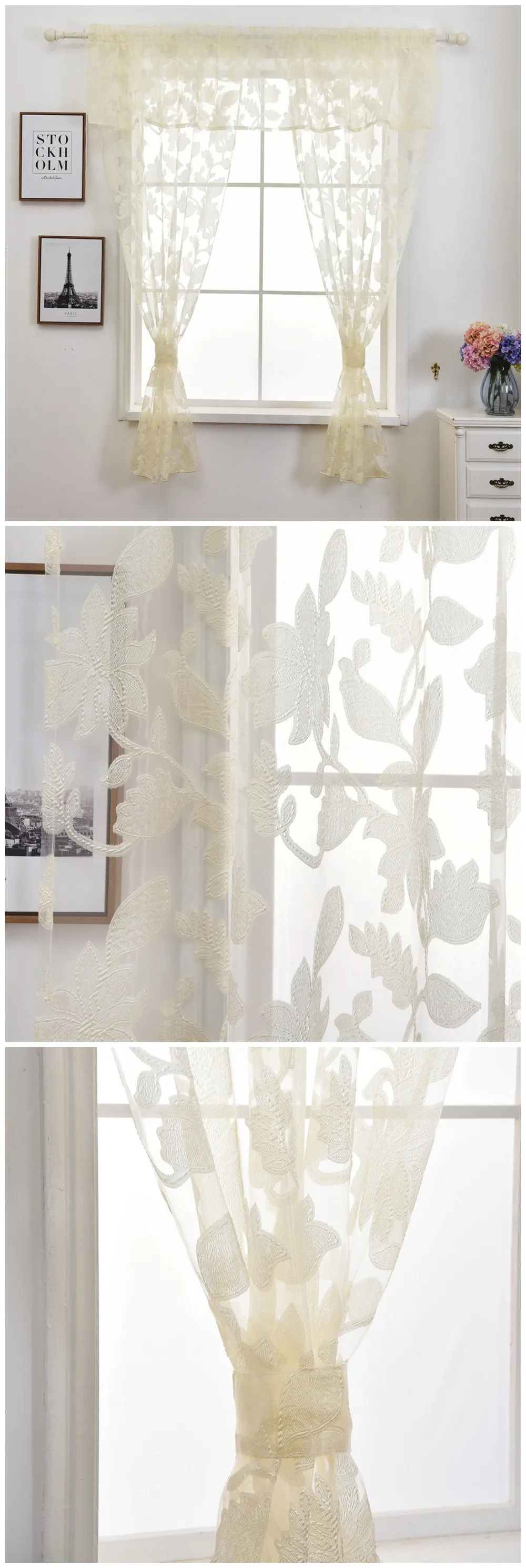 Smt462-1 NAPEARL Floral Leaves Jacquard Short Tulle Drops Valance Set Kitchen Windows With Ropes Cream Color Rustic Decor Fabric Circle