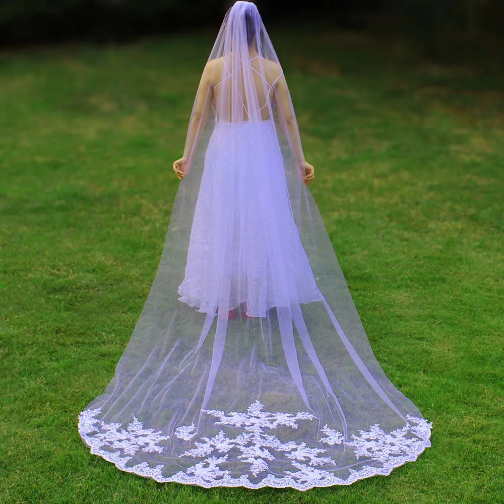 

New Arrival 3 Meters Long Lace Appliques Wedding Veil with Comb One Layer Bridal Veil Velo de Novia Wedding Accessories