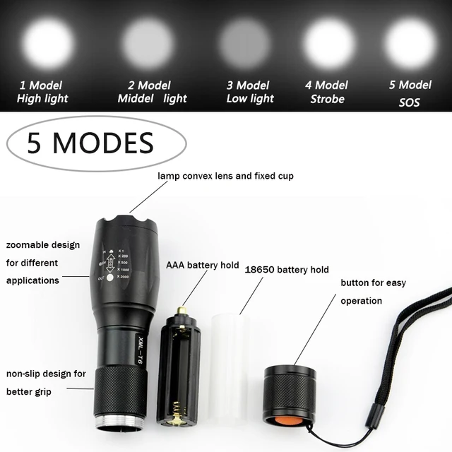 3 PCS Brightest Tactical Flashlight 8000LM XML-L2 LED Flashlight  High Powered, Zoomable Torch For Emergency Camping Hiking