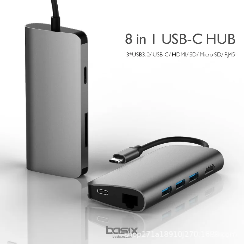 

Basix 8 in 1 USB C HUB USB 3.1 Type C to HDMI/USB 3.0/RJ45/SD/TF/PD Adapter For Macbook Pro Huawei P20 Samsung S8 type-c hub