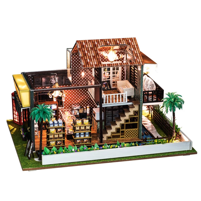 

IIECREATE Wooden Diy Dollhouse Toy Miniature Box Puzzle Dollhouse Diy Kit Furniture Coffee Shop Model Gift Toy For Children