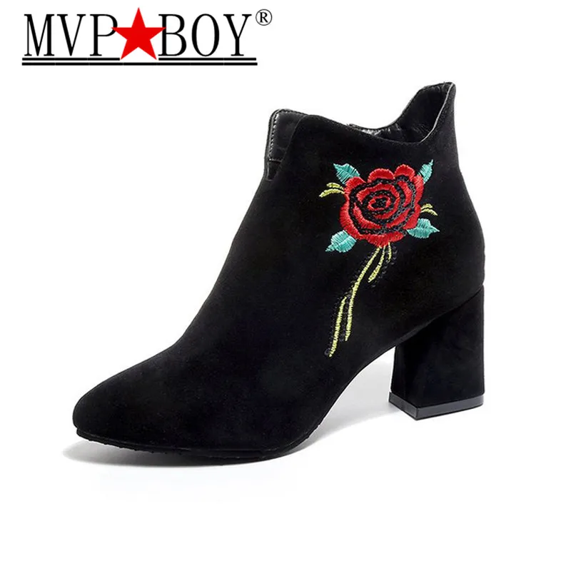 Classic Winter Women Brand Shoes Fashion Embroidery Thick Women Suede Embroidered Thick High Heeled Sandals