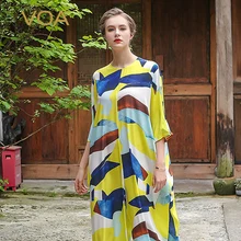 VOA Плюс Размер Свободный 5XL Шелковый Повседневный желтый комбинезон с коротким рукавом для отдыха с принтом женские брюки с широкими штанинами Palazzo Брюки Весна K6269