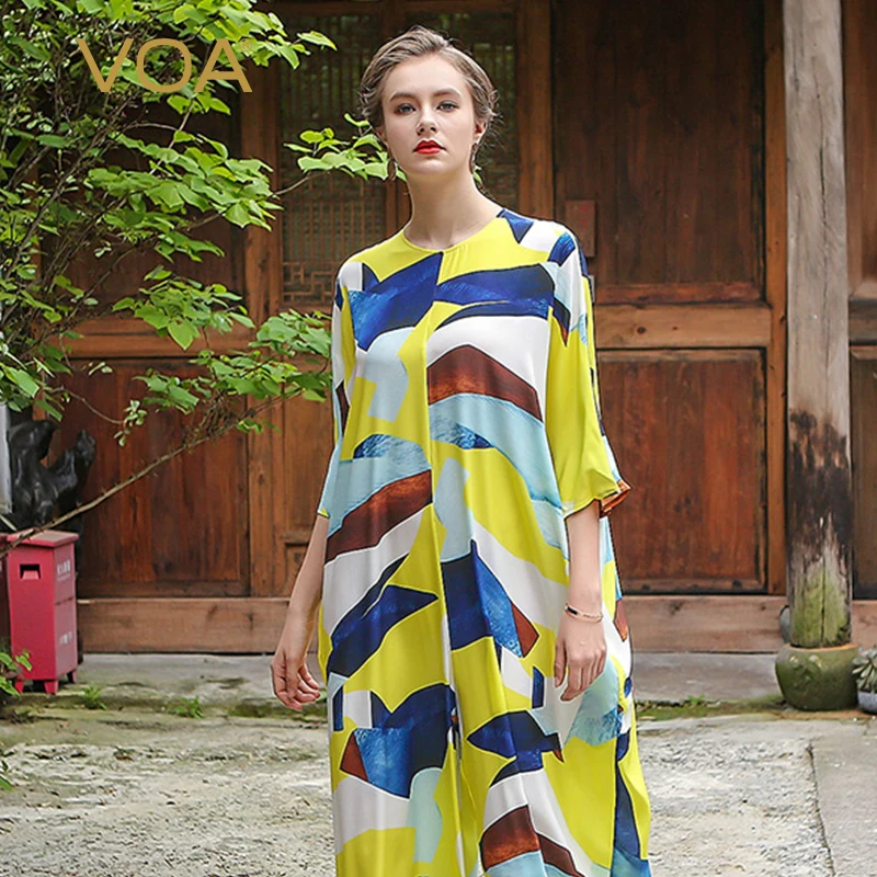 Voa Plus Size Loose 5xl Silk Casual Yellow Jumpsuit Half Sleeve