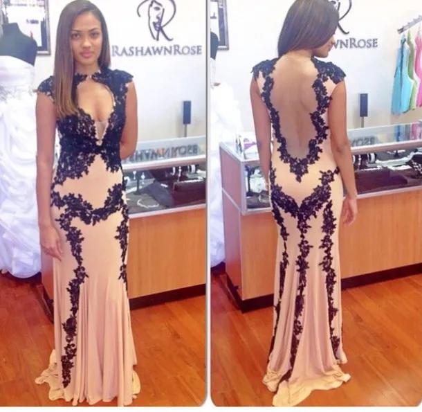 Cream and Black Sheer Prom Dresses