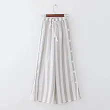 Хлопчатобумажная ткань, мешок со шнурком кисточкой Высокая Талия, Мода боковой кнопки Разделение свободные прямые широкие брюки Бохо Для женщин брюк