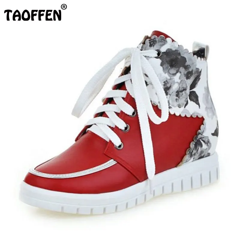 

TAOFFEN 4 Colors Size 33-42 Women Wedges Boots Cross Strap Print Flower Ankle Boots Warm Shoes Women Soft Botas Women Footwear