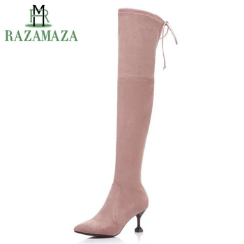 

ZALAVOR Size 34-39 Ladies Real Leather High Heels Over Knee Long Boots Women Sexy Pointed Toe Zipper Shoes Women Winter Botas