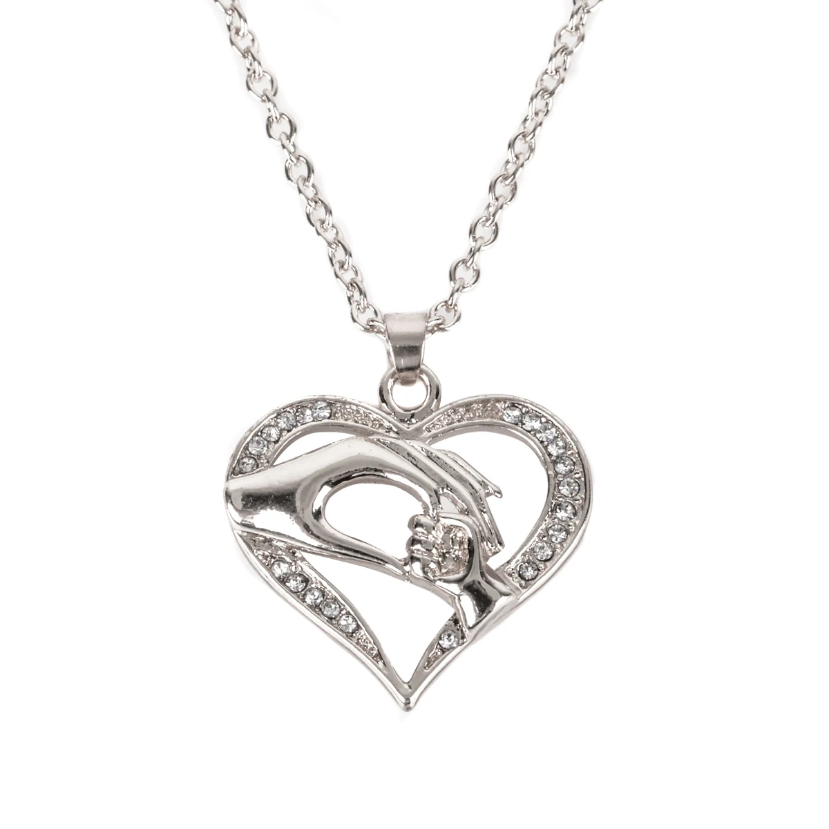 Mom Loves Baby Hand in Hand Heart Shape Charm Pendant Necklace Rose Gold Silver Link Chain Choker Women Mothers Day Gift Jewelry