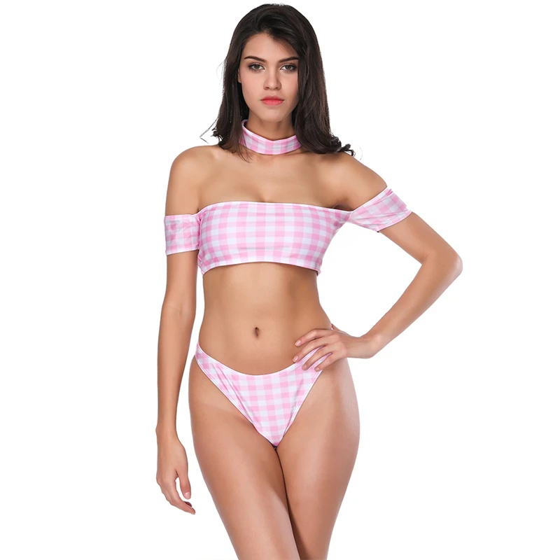 

Sexy Pink Plaid Print Slash Neck Swimsuit Women's Bandage Bikini Set Push-up Padded Bathing Suit Swimwear Off Shoulder Tankini