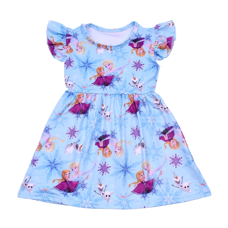 

New Arrival Children Girls Cartoon Clothes Blue Color Snow Pattern Printed Girls Dress Fall/Summer Boutique Dress Milksilk
