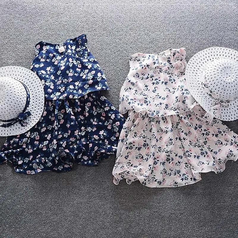 New Girls Summer Floral Dress +Sun Hat 2Pcs Kids A-Line Beach Vestidos Toddler Baby Girl Sleeveless Back Buttons Dresses Clothes (5)