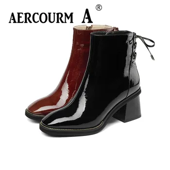 

Aercourm A 2019 Winter Women High Heel Ankle Boots Black Red Patent Leather Shoes Short Plush Boots Lace Boots Push Size 34-43