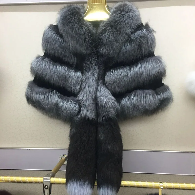 Настоящие меховые шали и шарфы Новые Роскошные пашмины для женщин лисий хвост дизайн пончо и накидки натуральная шаль из лисьего меха - Цвет: Silver fox
