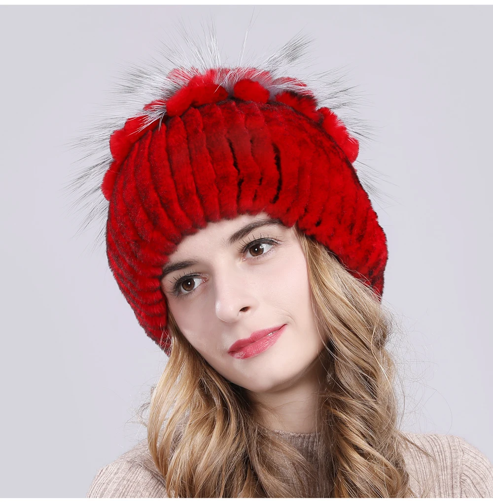 Women Natural Real Rex Rabbit Fur Beanies Hats Winter Warm Knitted Rex Rabbit Fur Caps New Female With Fox Fur Skullies Hat