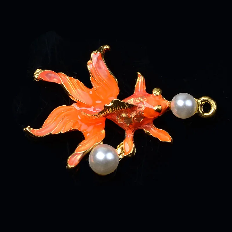 

10pc 29*40mm Gold Color Pearl Enamel Gold fish Charm pendant For DIY Handmade Wedding Head pieces Jewelry Making Accessories
